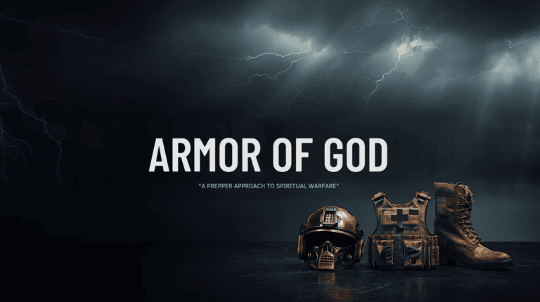 Black tactical helmet, military vest, and combat boots on dark surface with stormy lightning sky, emphasizing preparedness, survival gear, and spiritual warfare themes for adventure and resilience.