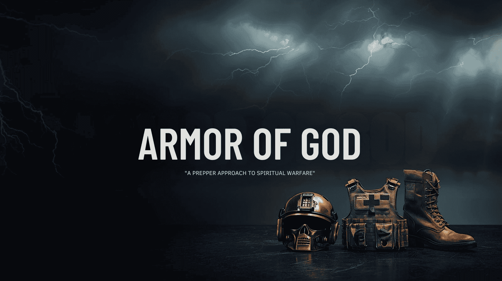 Black tactical helmet, military vest, and combat boots on dark surface with stormy lightning sky, emphasizing preparedness, survival gear, and spiritual warfare themes for adventure and resilience.