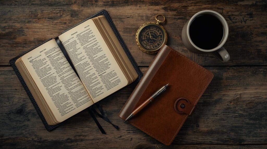 Open Bible, vintage pocket watch, coffee mug, leather journal, and pen on rustic wooden table for travel planning or outdoor adventure inspiration.