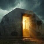 A modern outdoor chapel with a cross illuminated by sunlight, overlooking a vast field under stormy skies, inspiring spiritual reflection and adventure.