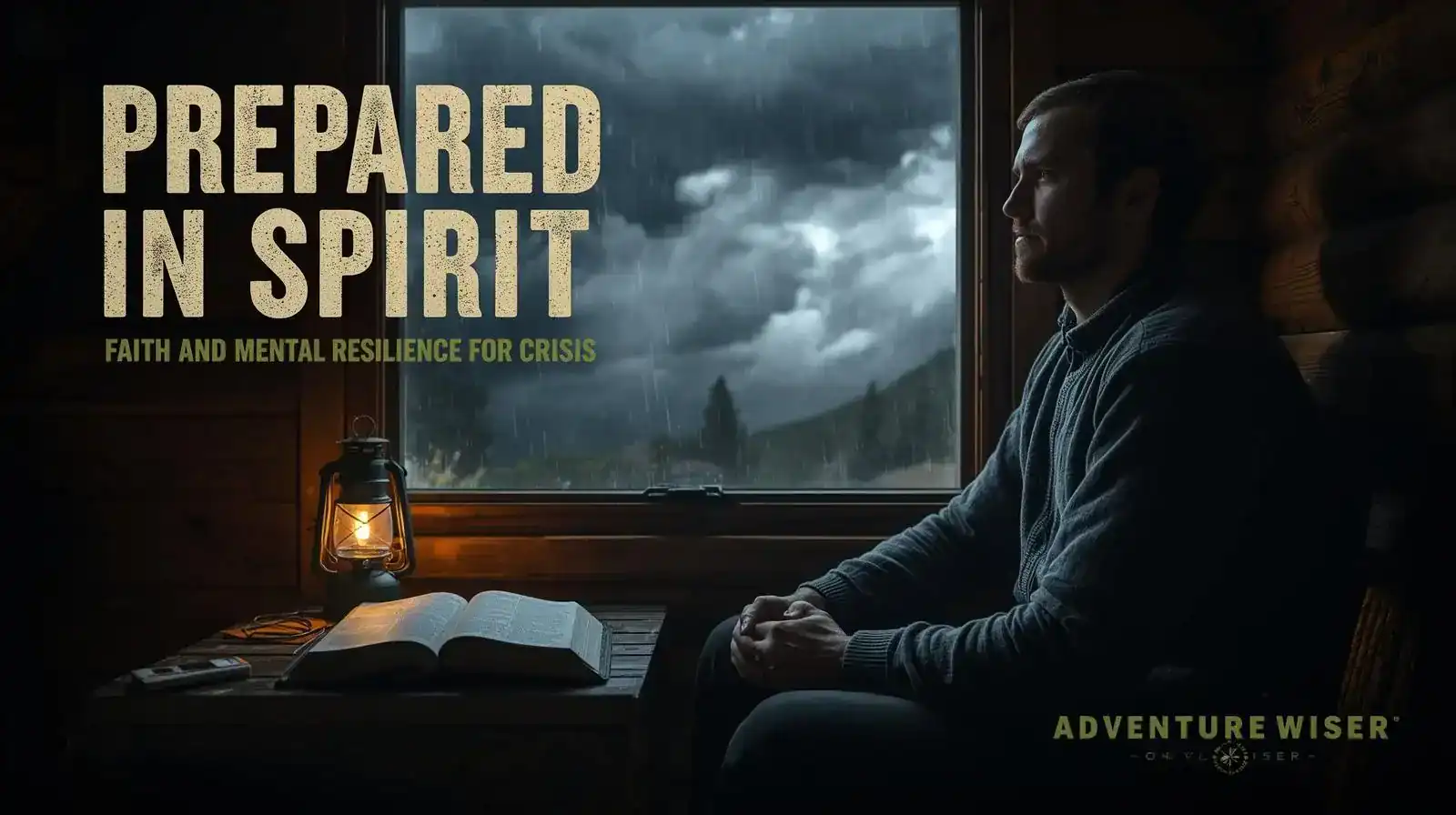 Prepared in spirit for outdoor adventures and crisis resilience, a man sits contemplatively by a window on a rainy day, embodying faith and mental resilience for challenging journeys with Adventure Wiser.