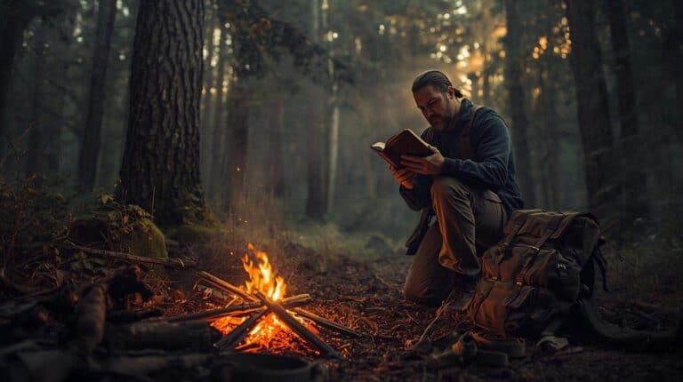 K9nUt7GVYo4.jpg, a man reading a book by a campfire in the forest during sunset, showcasing adventure travel, survival skills, outdoor exploration, and nature experience, ideal for adventure and wilderness enthusiasts.