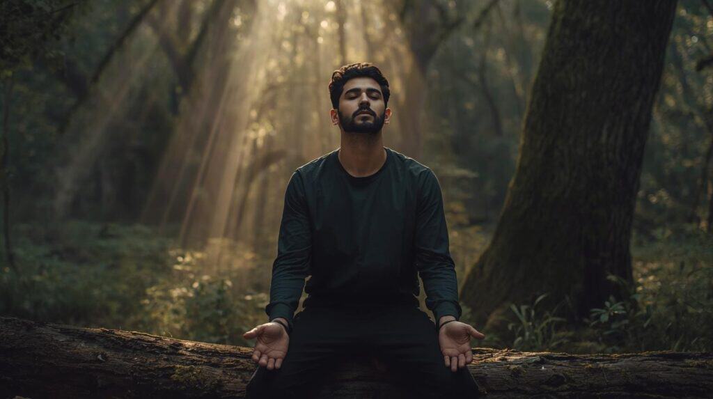 Meditating man in peaceful forest, sunlight through trees, nature relaxation, mindfulness practice, tranquil outdoor meditation scene.