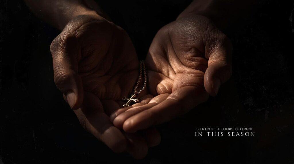 “Create a close-up image of worn, work-toughened hands holding a simple cross necklace or a folded prayer card. Dark, moody background with warm highlights on the hands. Add small text: ‘Strength Looks Different in This Season.’ Minimal design, masculine feel, subtle grain texture.”