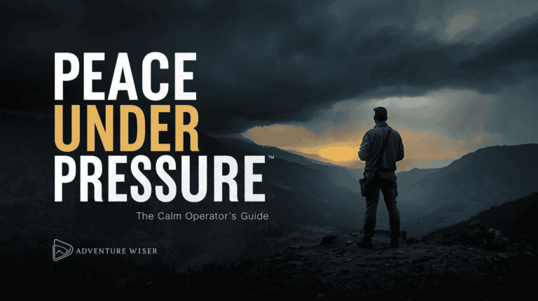 Peaceful mountain wilderness scene with a hiker overlooking a dramatic sunset, emphasizing adventure, nature, and outdoor exploration for adventure tourism enthusiasts.