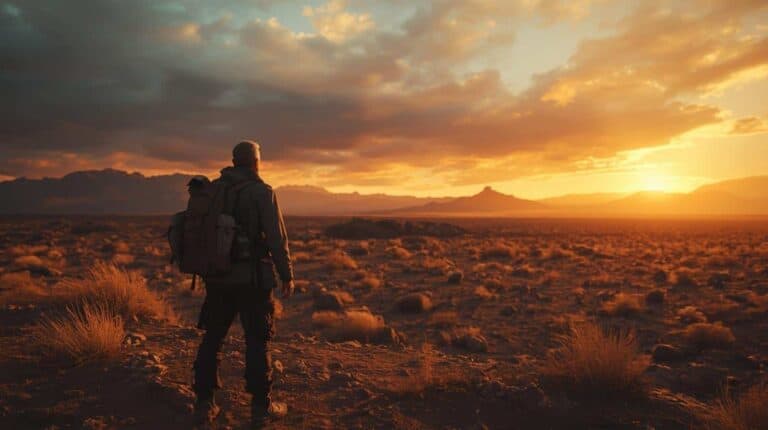 Hiker with backpack enjoying a scenic sunset in a vast desert landscape, capturing the spirit of adventure and outdoor exploration for travel enthusiasts.