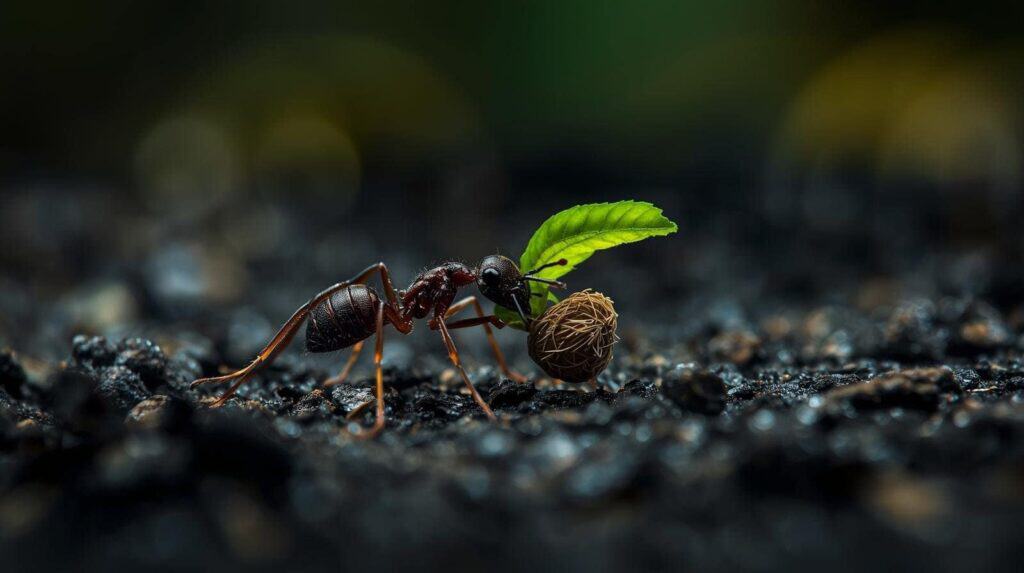 Close-up of an ant carrying a seedling on dark soil, symbolizing resilience and growth in survivalist planning.
