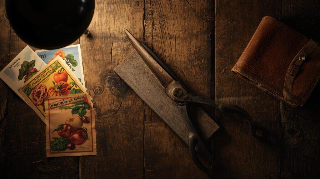 A top-down "flat lay" style photo on a rustic wooden table. An old pair of metal gardening shears is being sharpened on a whetstone. Next to the shears are several colorful vegetable seed packets and a leather notebook. The lighting is warm and indoor, suggesting a winter afternoon of preparation. High detail, realistic photography.