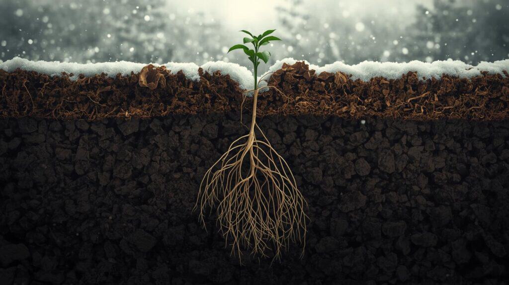 Garden roots growing deep underground during winter dormancy