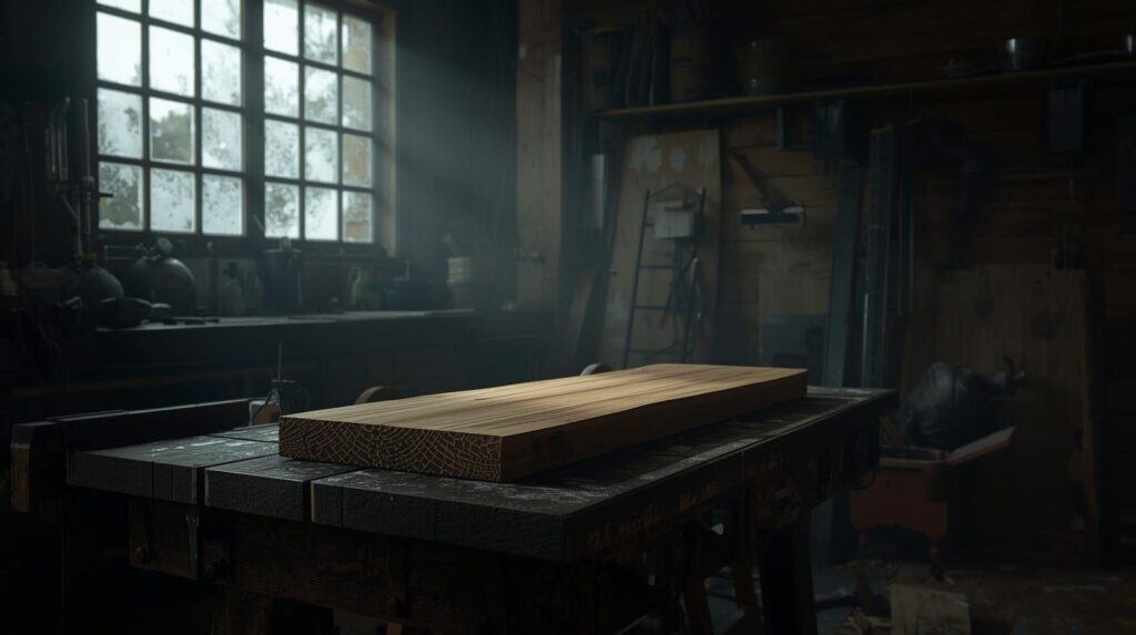 A close-up, high-quality photograph inside a woodworking shop. A stack of rough-cut, dark Walnut lumber is sitting on a workbench, waiting to be used. The lighting is moody and atmospheric, highlighting the grain and the rough edges of the wood. In the background, out of focus, are woodworking tools on a wall. The mood is patient and potential-filled.