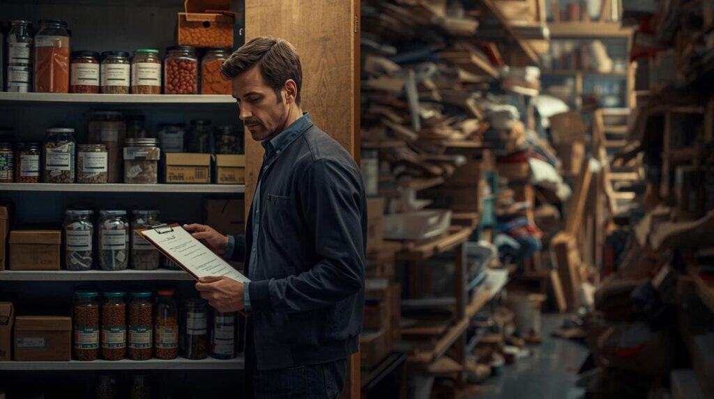 Man reviewing a checklist of survival supplies in a storage room filled with emergency food and gear.