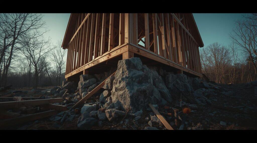 A dramatic photo of a wooden house frame being built on a rocky foundation, early morning light, construction tools nearby, no people visible, symbolic of building on solid ground, warm tones, slightly moody atmosphere, biblical foundation theme, wide angle