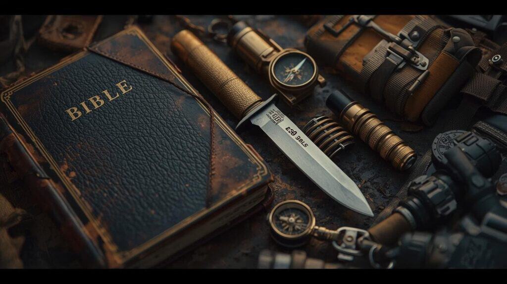 Bible alongside tactical gear, knife, compass, and binoculars, emphasizing readiness and survival skills aligned with biblical principles for modern preparedness.
