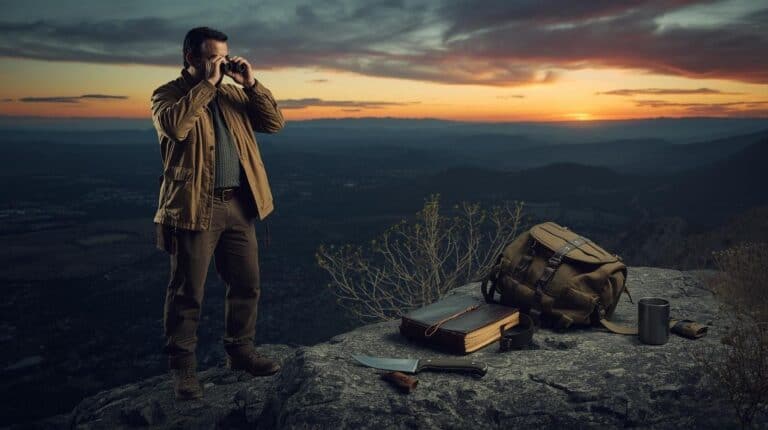 Man with binoculars on mountain summit during sunset, symbolizing readiness and vigilance for spiritual and physical preparedness.
