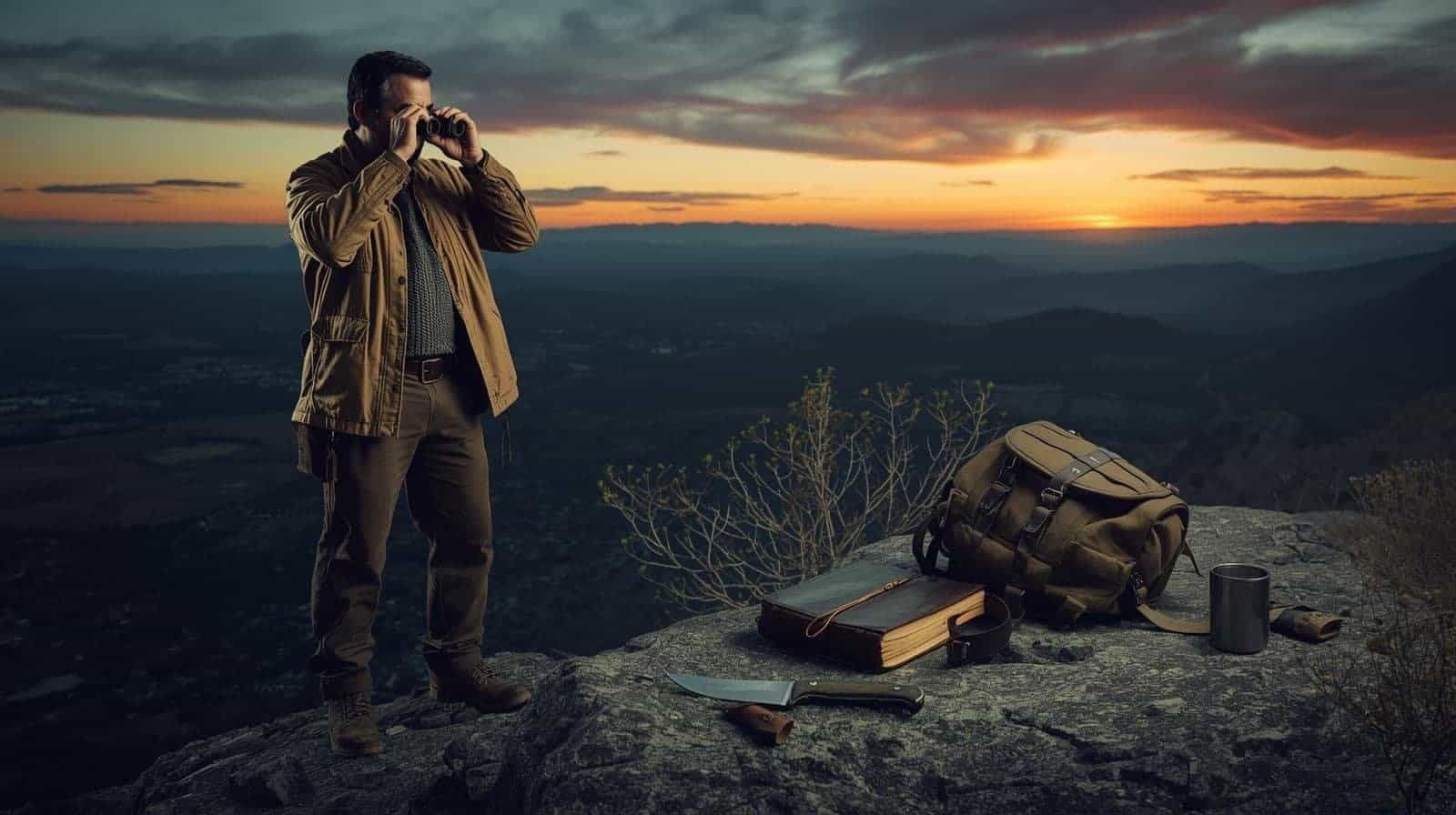 Man with binoculars on mountain summit during sunset, symbolizing readiness and vigilance for spiritual and physical preparedness.