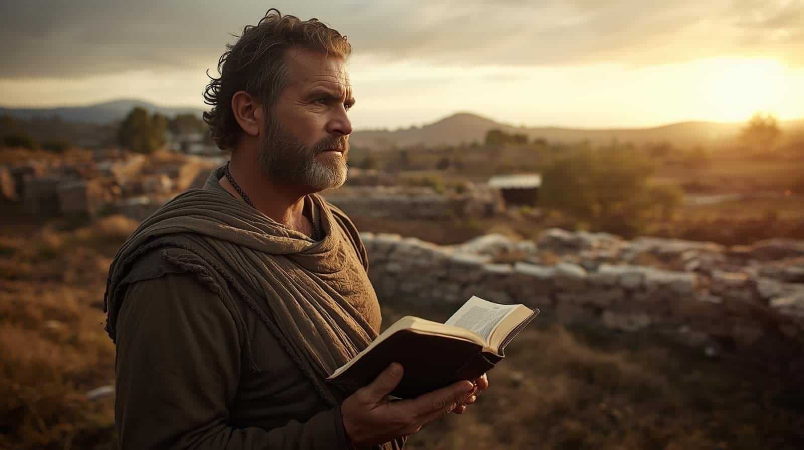 Man reading a book outdoors during sunset, symbolizing reflection and leadership development for building a warrior mindset.