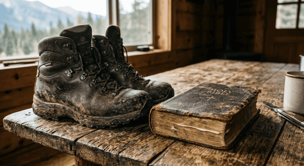 A close-up, high-contrast shot of a rugged pair of hiking boots and a weathered Bible on a wooden table, symbolizing the intersection of the outdoors and faith