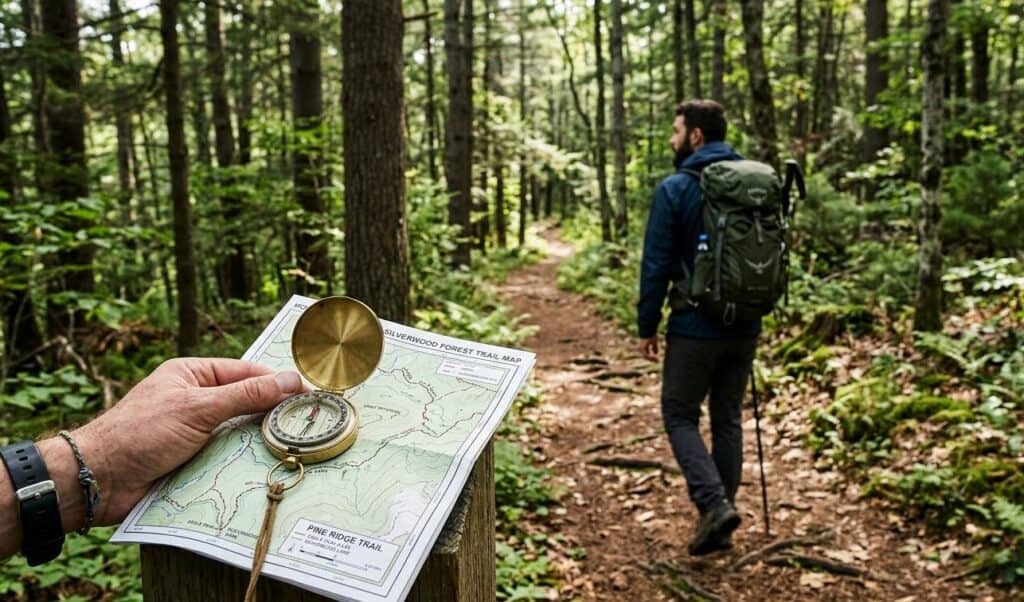  A close-up of a compass on a map or a man hiking in a serene forest, symbolizing direction and peace.