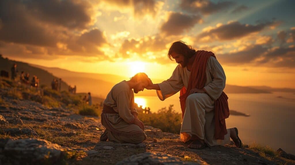 Poor in spirit man kneeling before Jesus during the Sermon on the Mount.