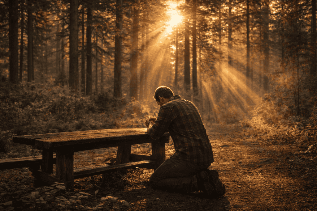 Christian man kneeling in prayer in a forest at sunrise seeking peace and relief from Christian anxiety