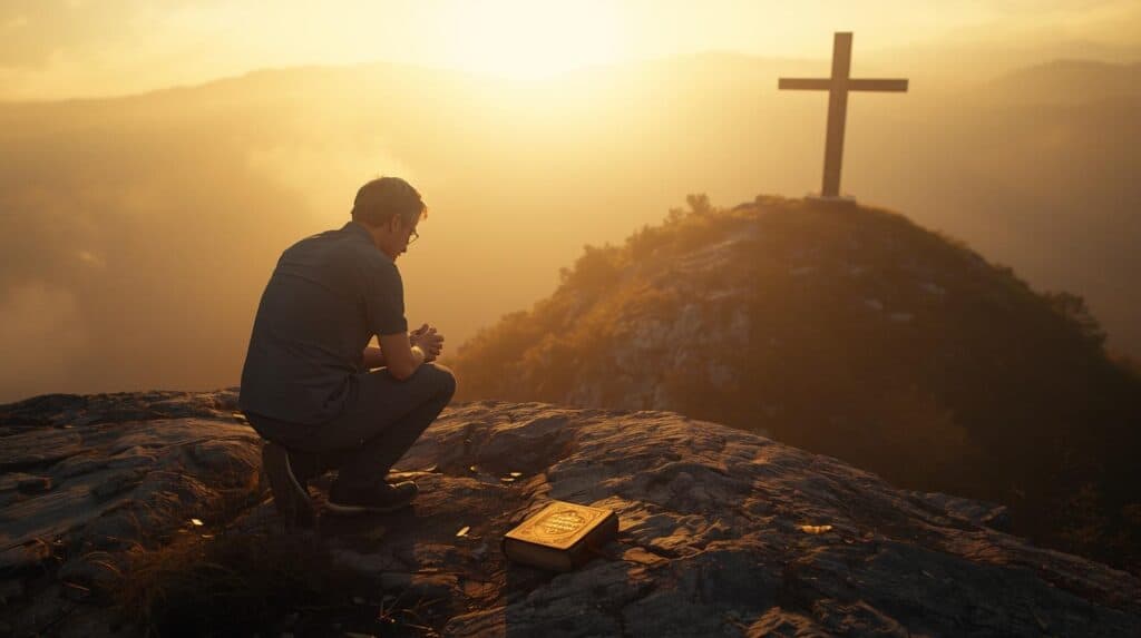 Christian man praying at sunrise seeking peace from anxiety through faith in Christ.