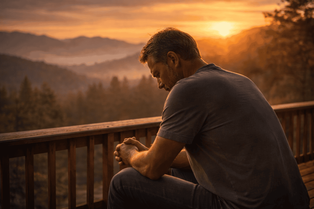 Christian man sitting quietly at sunrise reflecting on faith and finding peace from Christian anxiety
