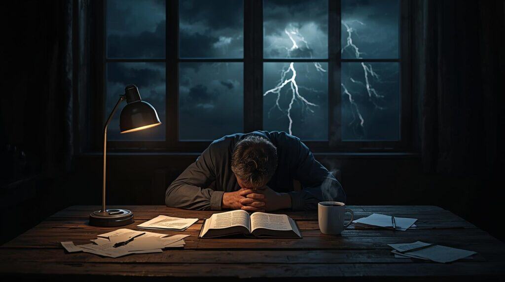 Christian man struggling with anxiety and worry while searching for peace through faith.