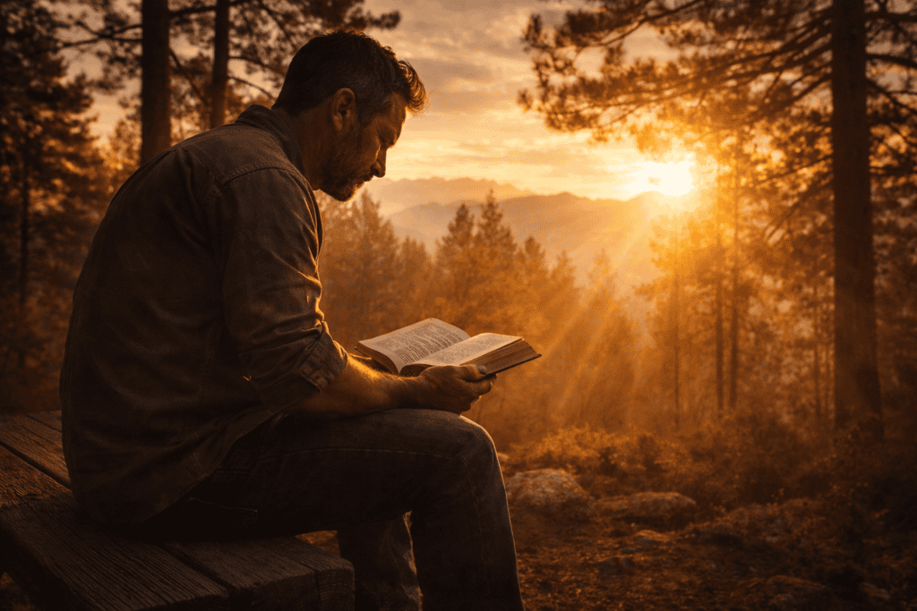 Christian man reading Bible at sunrise reflecting on spiritual discipline and faith