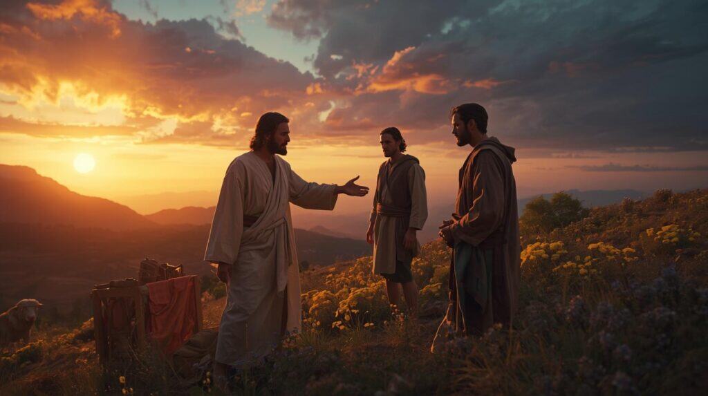 Jesus bringing peace between two men during the Sermon on the Mount teaching.