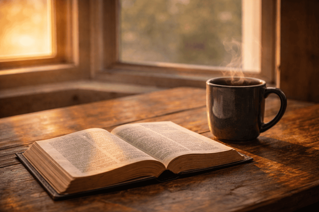 Open Bible with morning sunlight symbolizing peace through scripture.