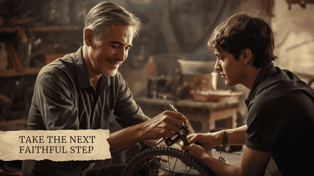 A composite photographic image, maintaining the desaturated, cinematic lighting and subtle aged paper texture aesthetic established in image_0.png and image_1.png. This scene captures a moment of active service in a humble community workshop. A compassionate midlife man, similar in appearance to the thoughtful man in image_1.png, is focused and smiling warmly. He is patiently teaching a younger man (late teens) how to repair an old bicycle chain, guiding his hands on a wrench. The background shows various tools and workbenches. A small, subtle banner overlay in the lower left, matching the style used in image_0.png and image_1.png, reads 'TAKE THE NEXT FAITHFUL STEP'.