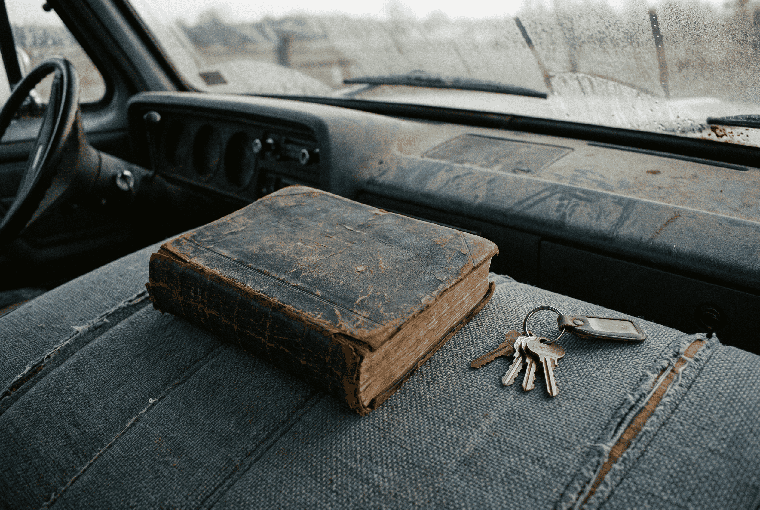  A worn leather-bound Bible lying closed on the bench seat of an older pickup truck beside a set of keys
