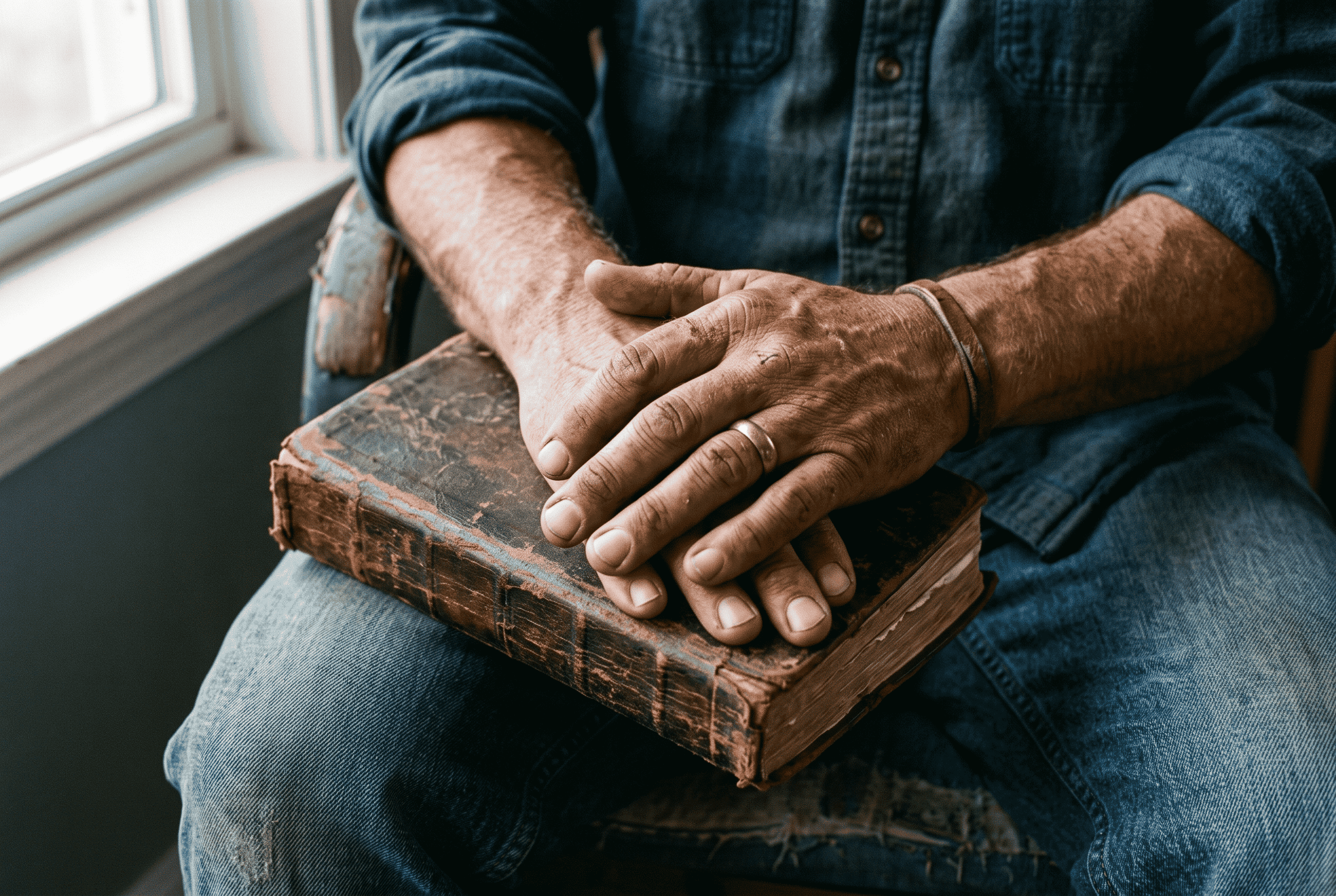 The weathered hands of a middle-aged man resting on a closed book held in his lap

