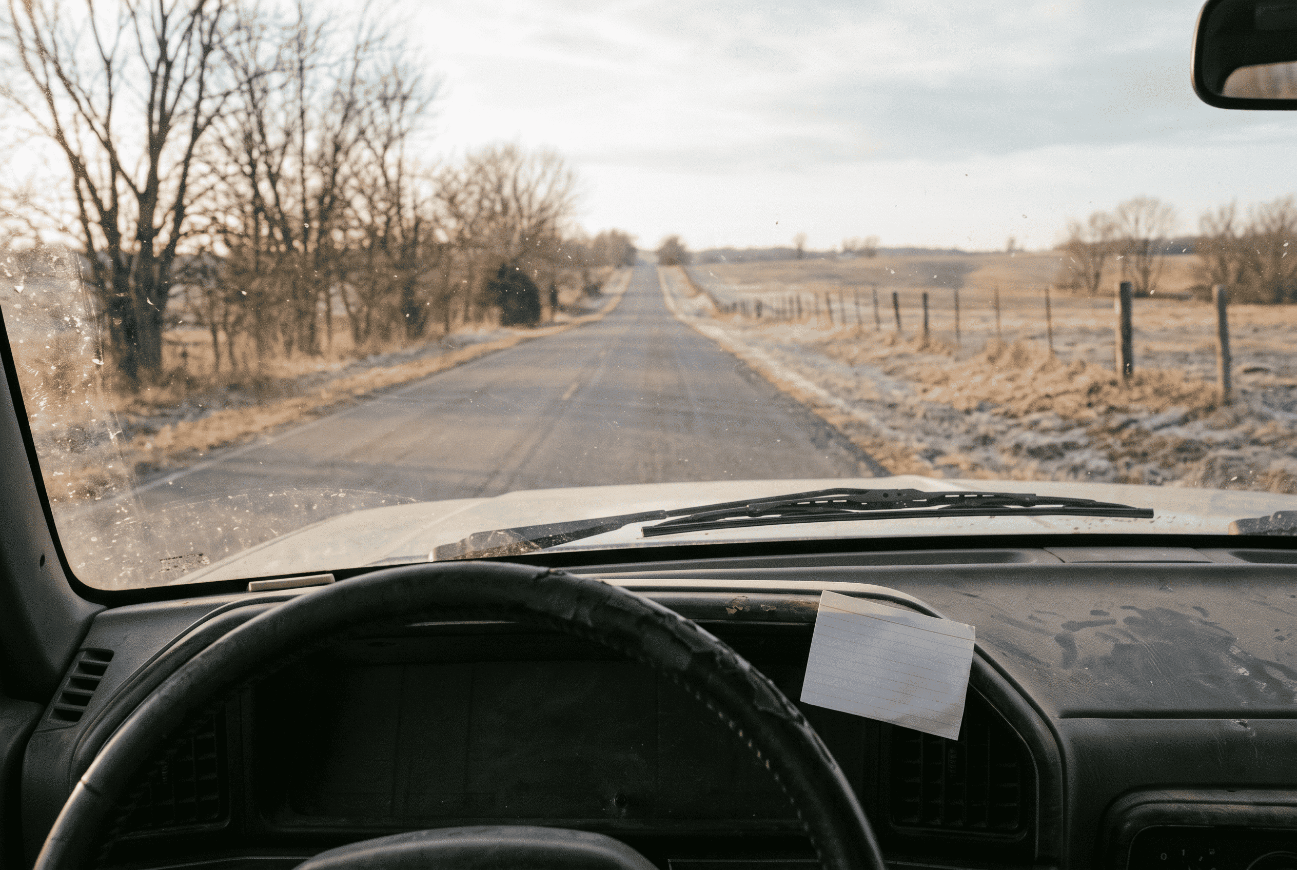 View through a dusty windshield onto a rural road at low winter sun, with a blank index card tucked into the dashboard vent
