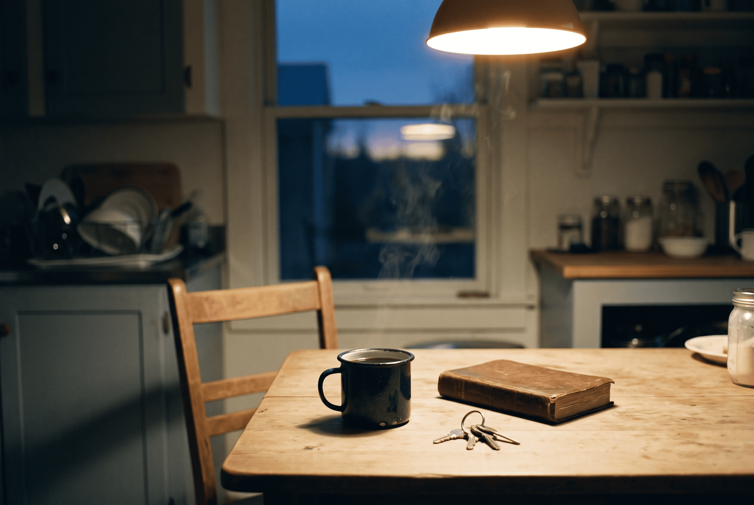 A kitchen table before dawn with black coffee, a closed worn book and truck keys, one chair pushed back
