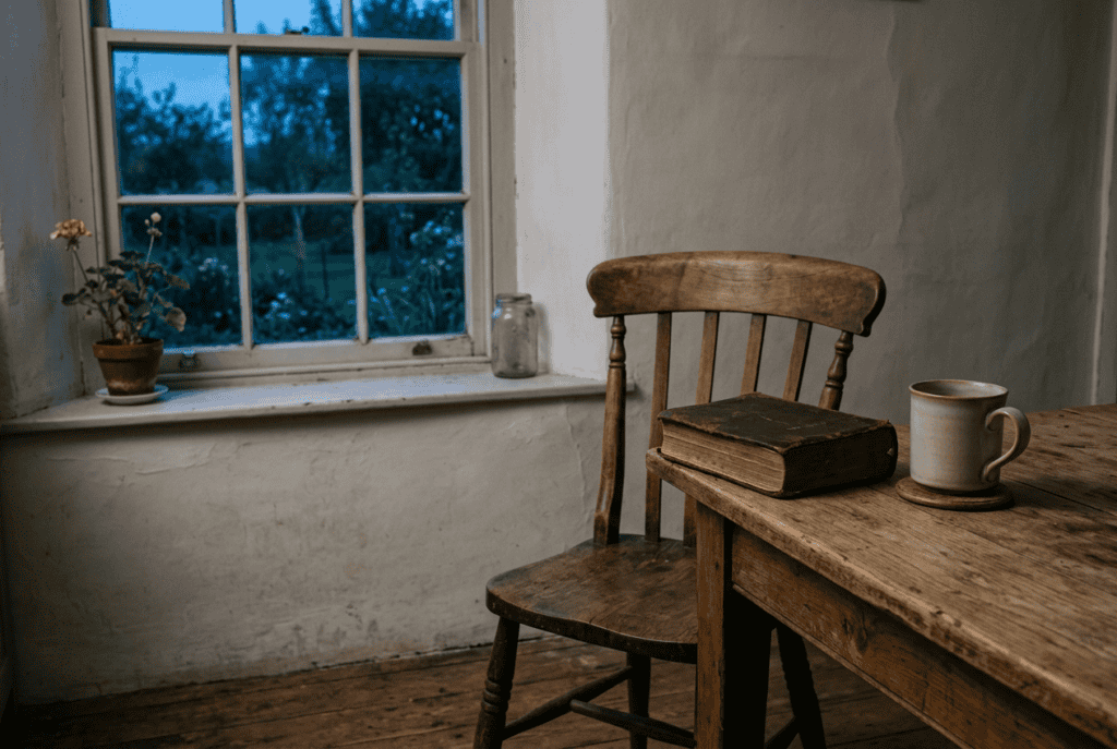 Empty kitchen chair with a closed Bible and coffee mug at blue hour