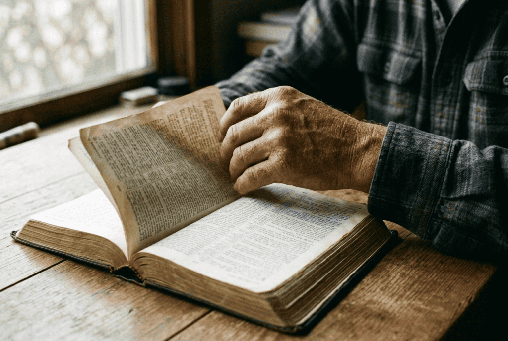 Close-up of a weathered hand turning a page in a well-used study Bible