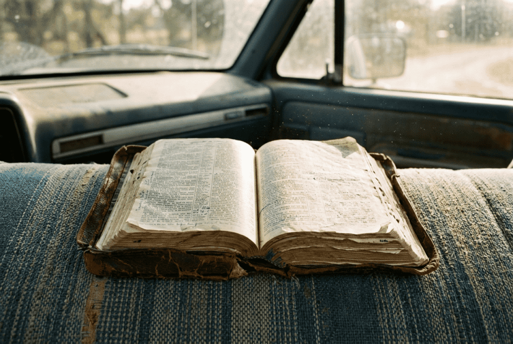 Worn NIV study Bible resting open on a truck's bench seat in morning light